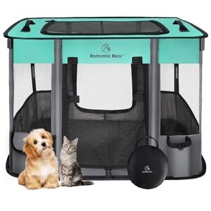 Romantic Bear Portable Pet Playpen - Teal and Gray Small